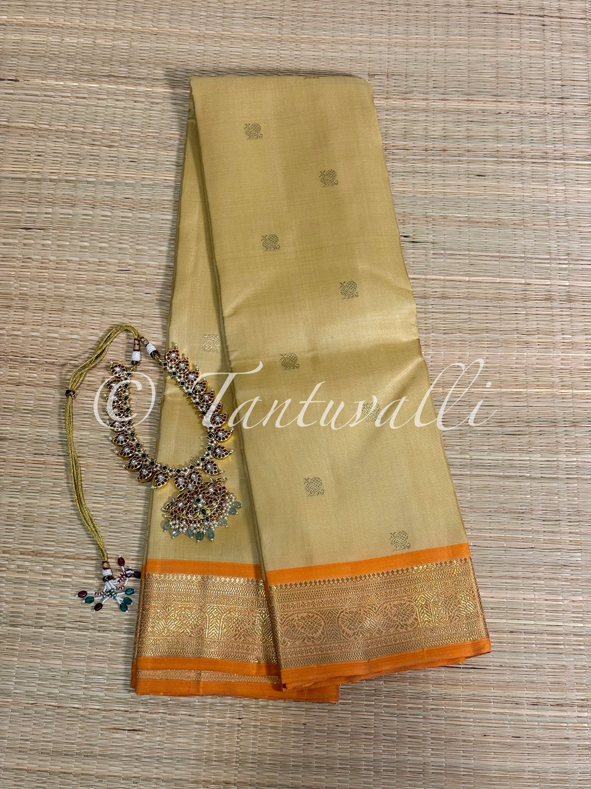 Kumaran Yellow with Light Carrot Orange Pure Zari Contrast Small Border
