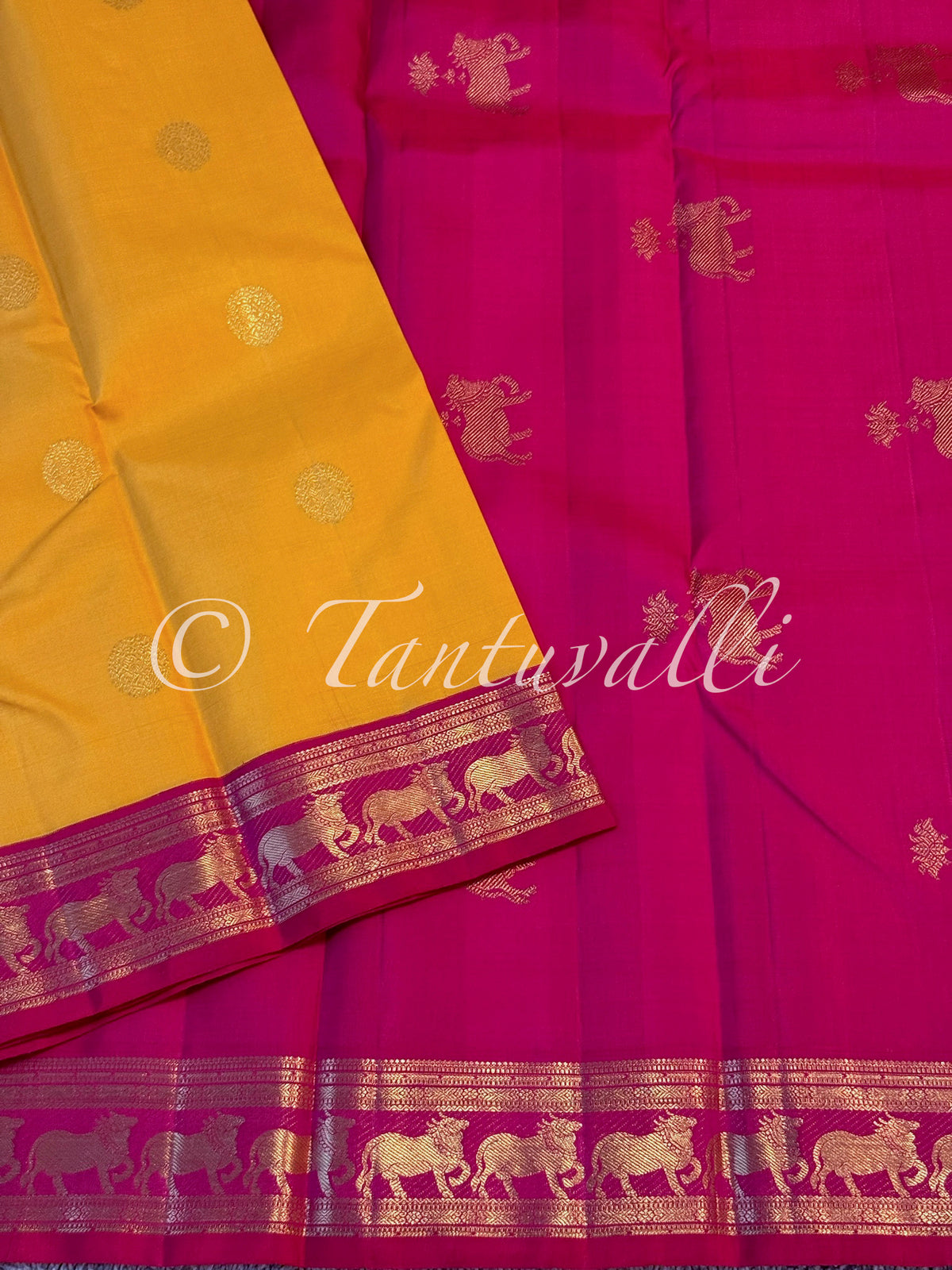 Mango Yellow with Pichwai Cow Motifs Rani Pink Small Border Korvai