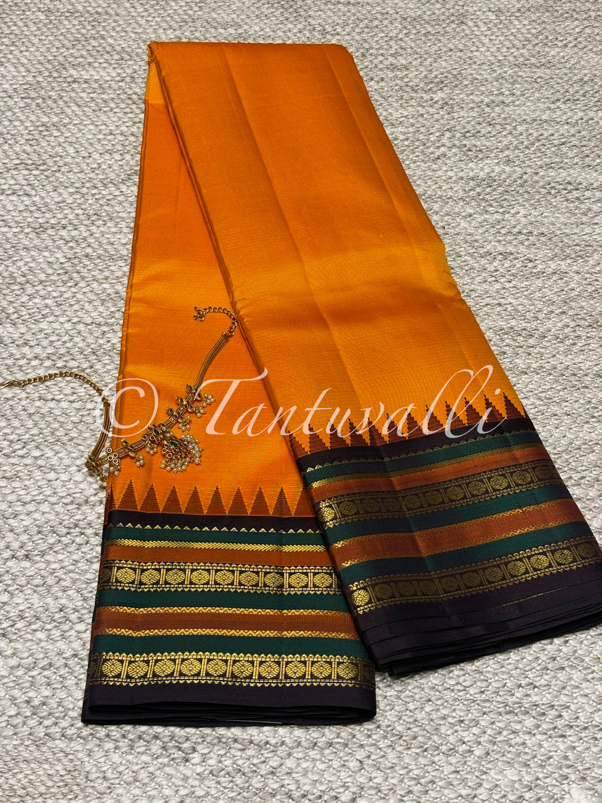 Mango Yellow and Paaku Brown Pallu with Varisaipet Temple Korvai