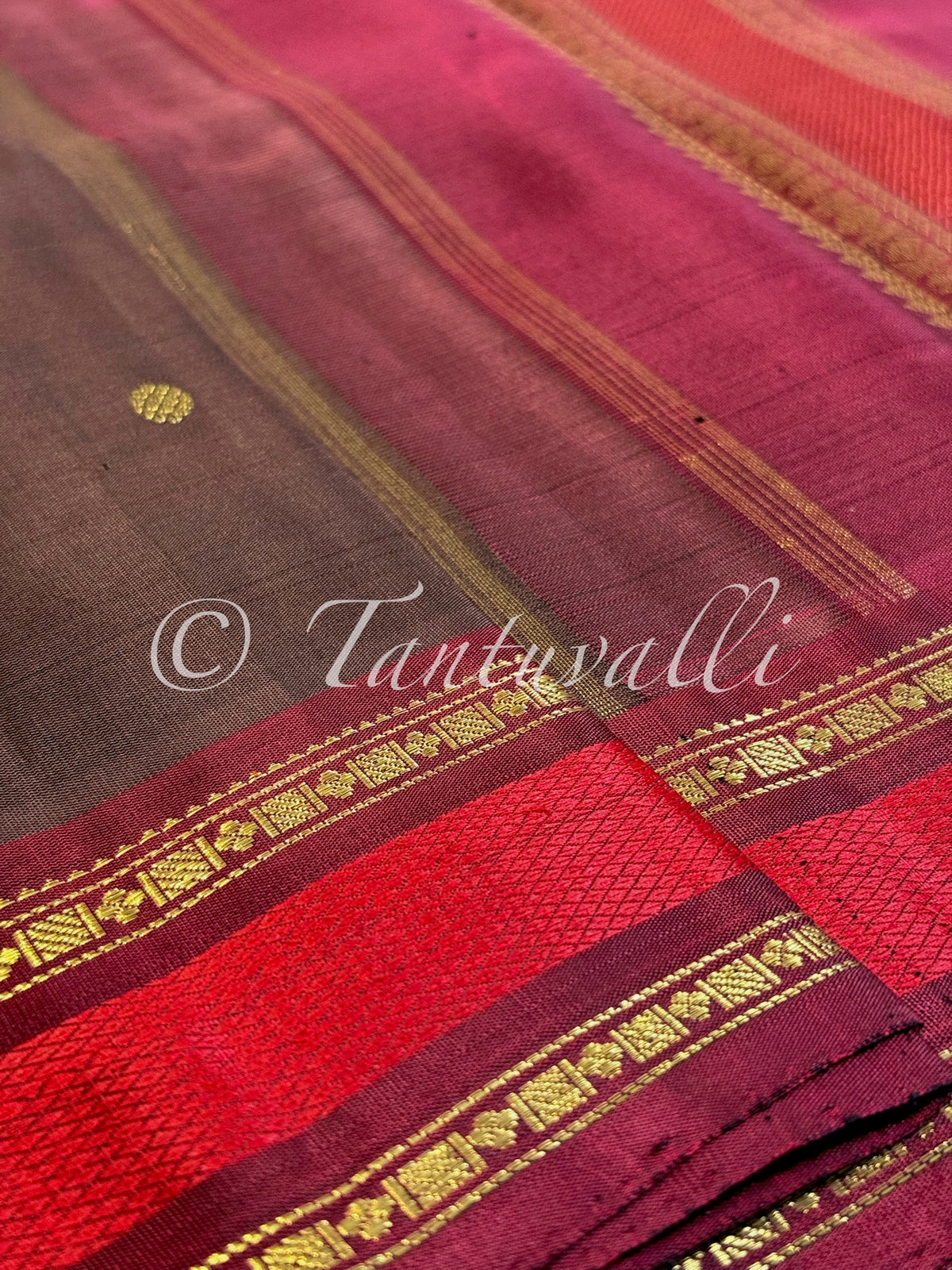 Chocolate Brown Pure Zari with Arakku Meenakari Contrast Small Border and Arakku Pallu