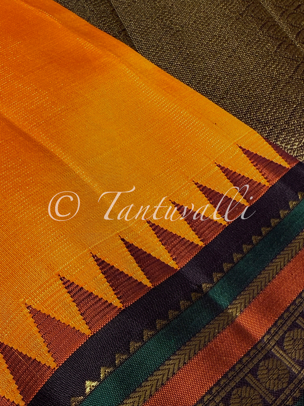 Mango Yellow and Paaku Brown Pallu with Varisaipet Temple Korvai