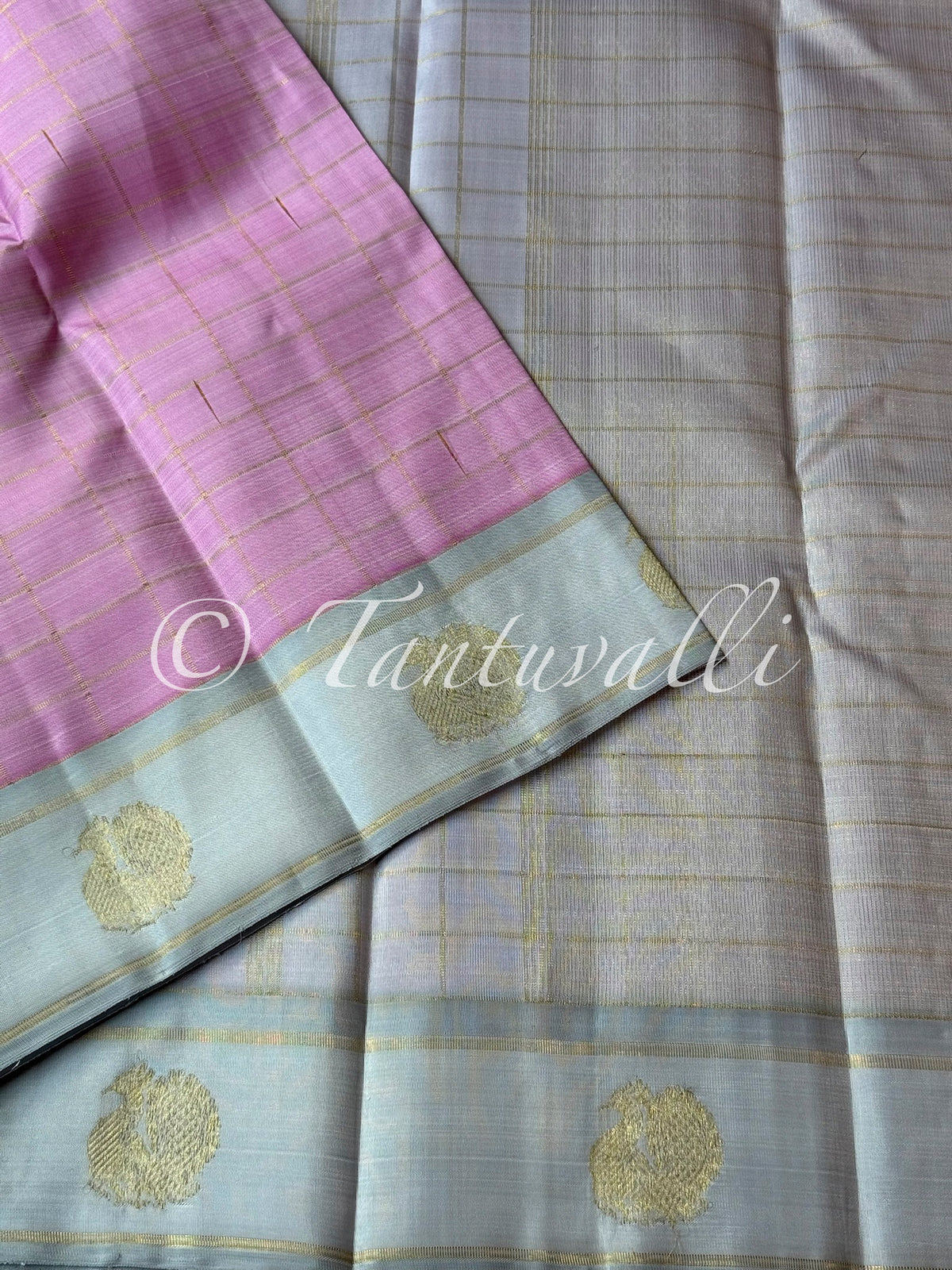 Light Pink with Zari Checks and Ice Grey Border