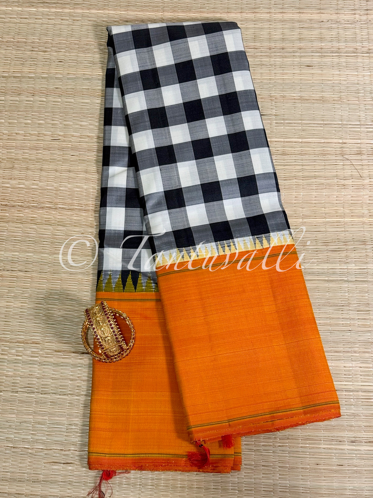Black and White Paalum Pazhamum Chechks with Mustard Bodi Korvai