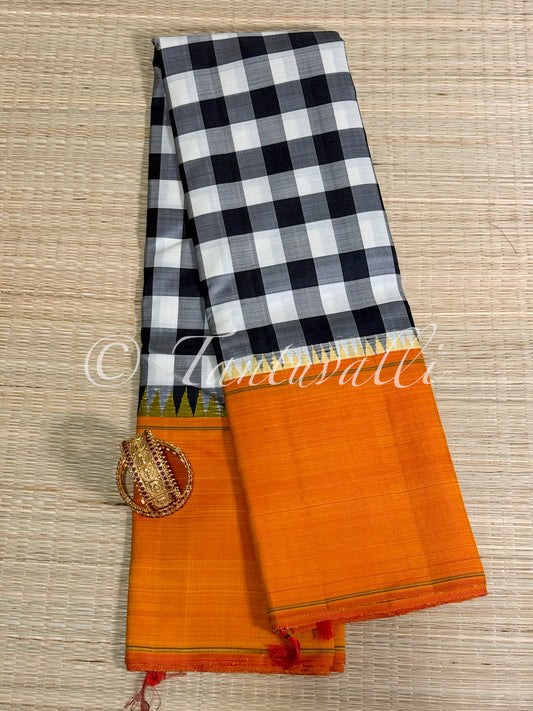 Black and White Paalum Pazhamum Chechks with Mustard Bodi Korvai