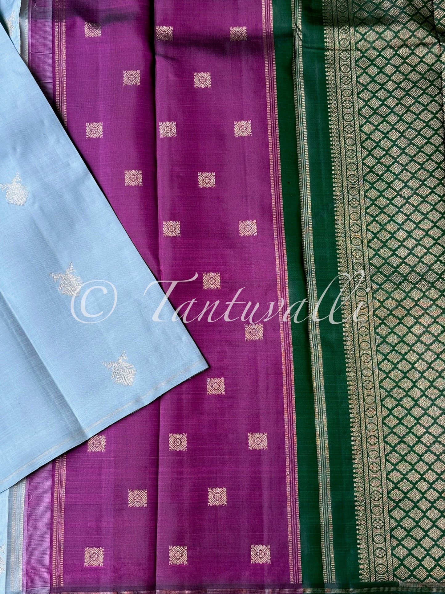Bluish Grey Vaadaamalli and Bottle Green Double Pallu Pure Zari