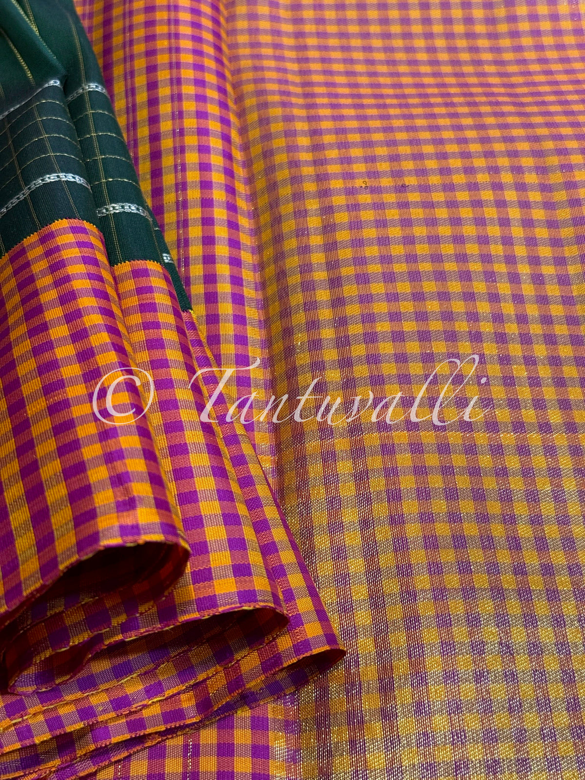 Bottle Green Zari Checks with Multi Checks Korvai Border and 8 Kol Pallu