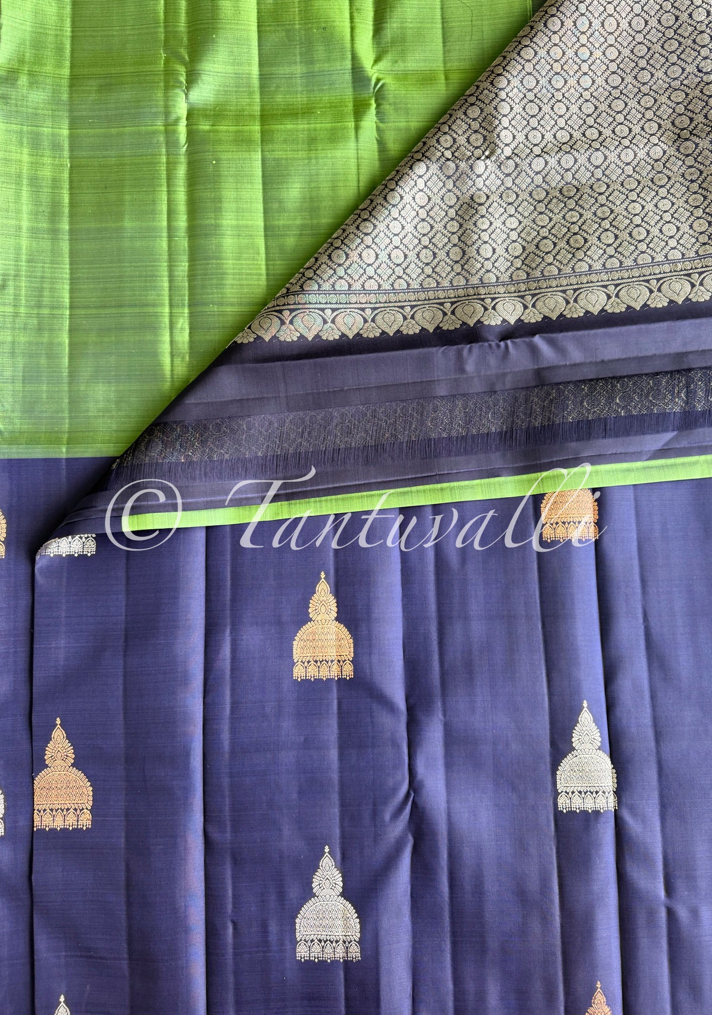 Grass green with Dark blue Jhimki Border