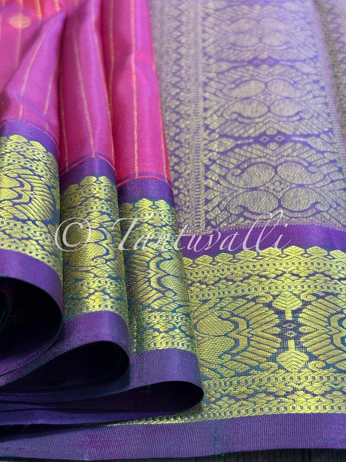 Dual tone Maroon with Vertical Zari Stripes and Dual Tone Violet Korvai Small Border