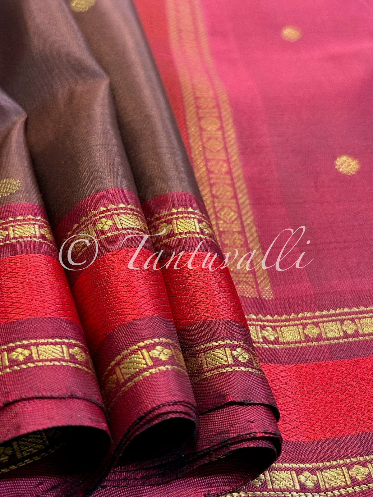 Chocolate Brown Pure Zari with Arakku Meenakari Contrast Small Border and Arakku Pallu