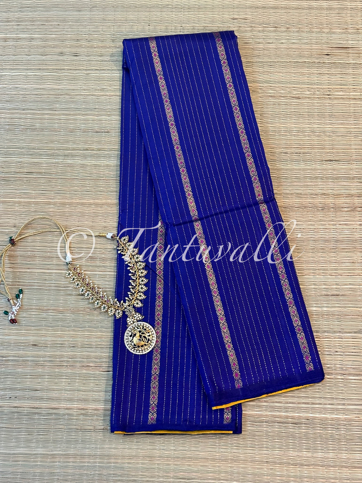 MS Blue Borderless Vertical Zari and Meenakari Motifs with Warm Yellow Pallu
