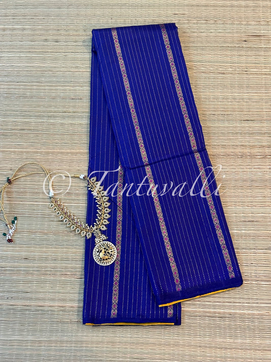 MS Blue Borderless Vertical Zari and Meenakari Motifs with Warm Yellow Pallu