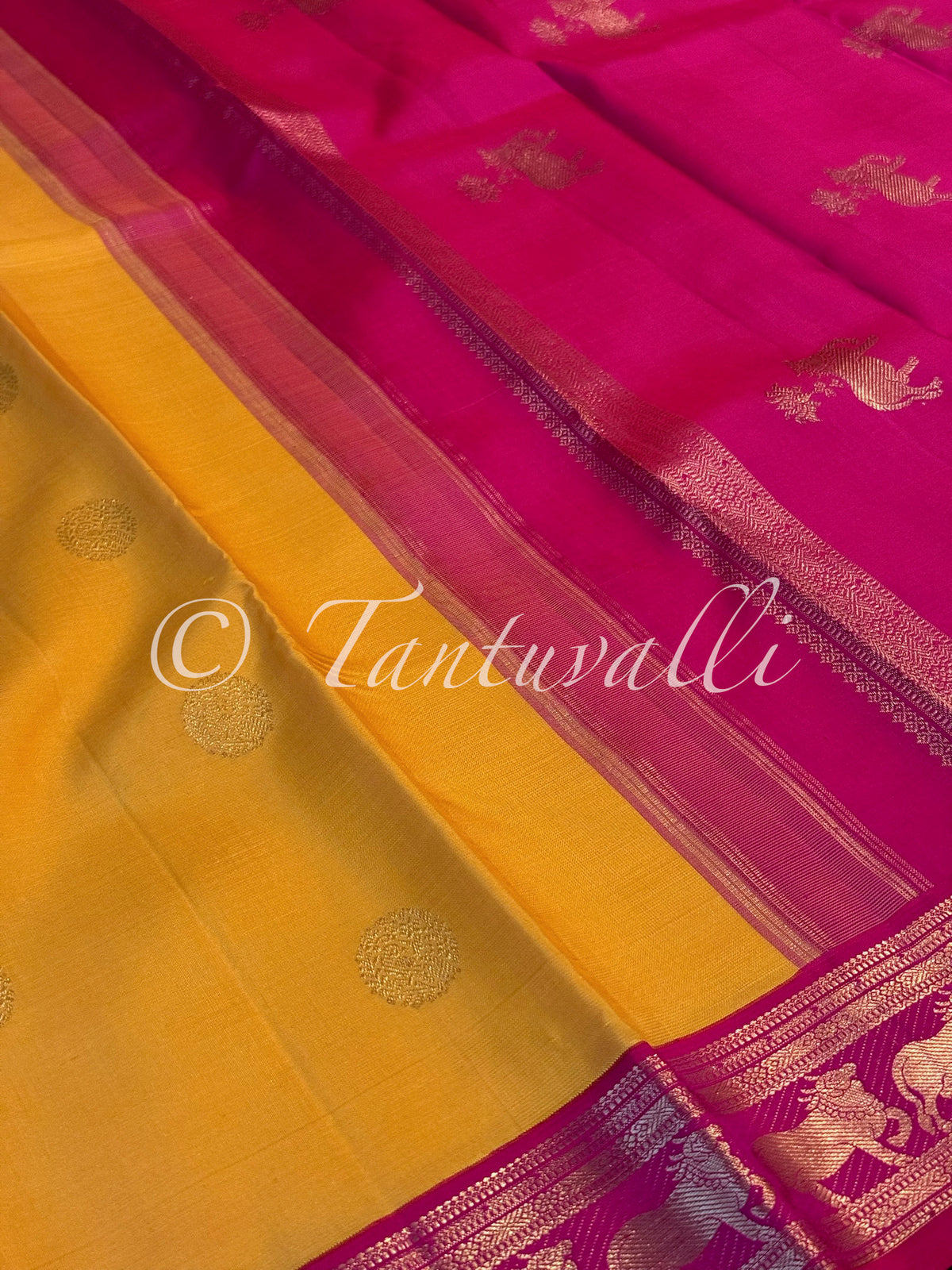 Mango Yellow with Pichwai Cow Motifs Rani Pink Small Border Korvai
