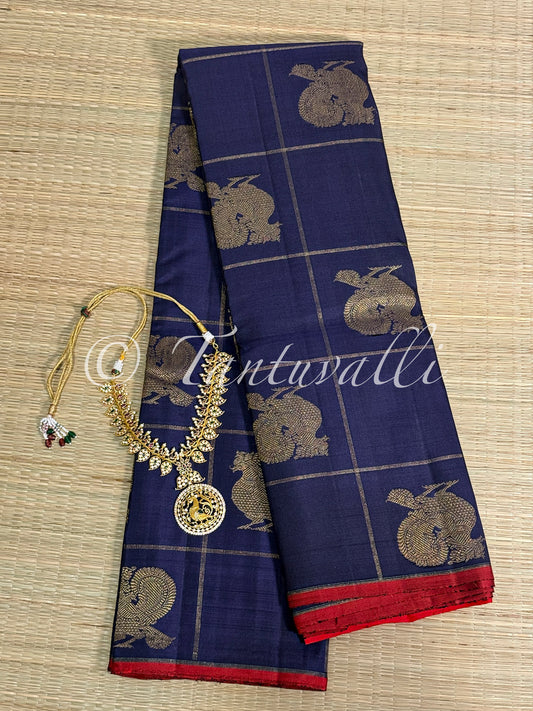 Navy Blue Annam Checks Pure Zari Borderless with Dark Red Pallu