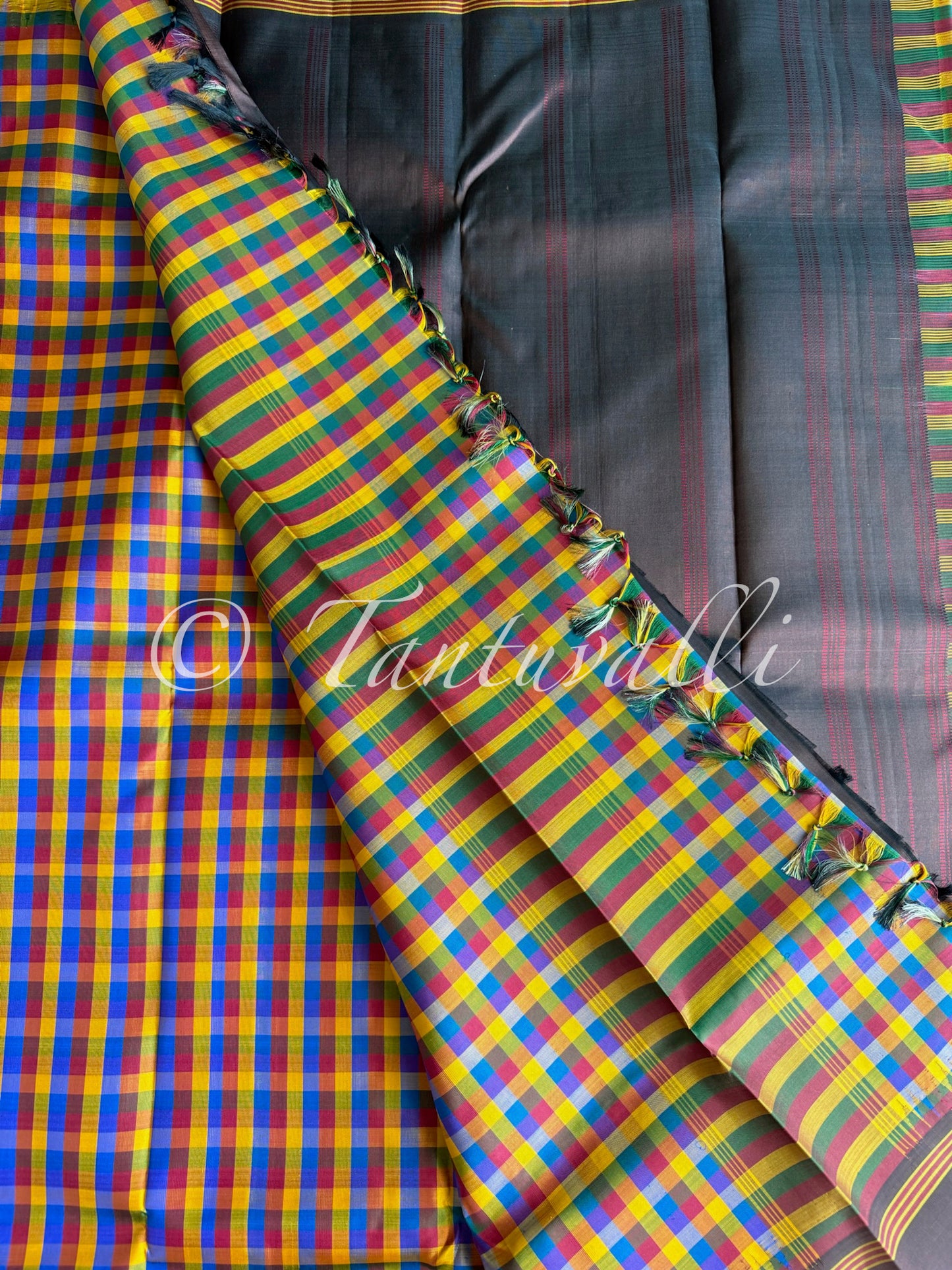 Yellow Multi checks with Brown Korvai