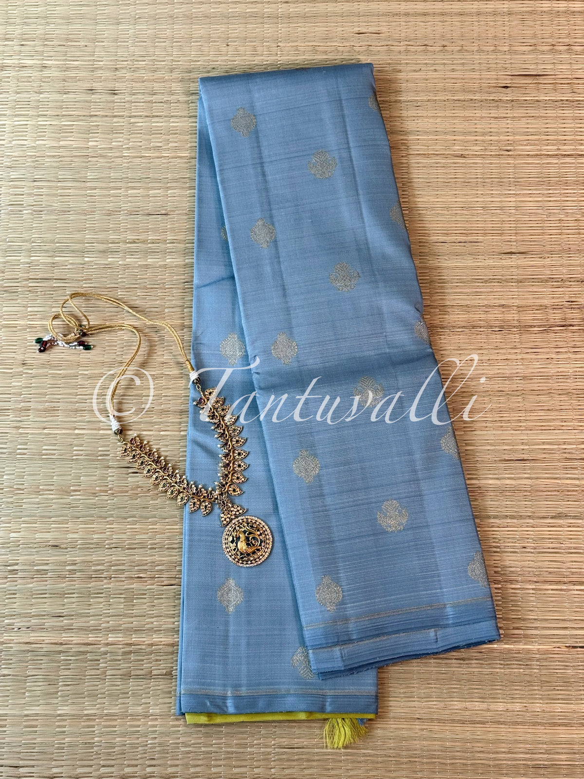 Metallic Blue and Lime Green Borderless Pure Zari