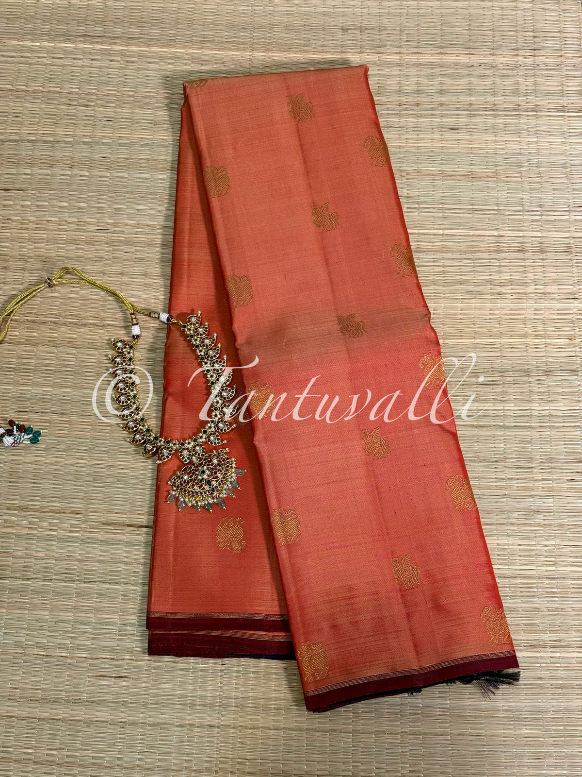 Peach Orange Butta Pure Zari Borderless with Deep Violet Blue Pallu