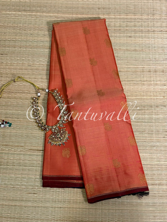 Peach Orange Butta Pure Zari Borderless with Deep Violet Blue Pallu
