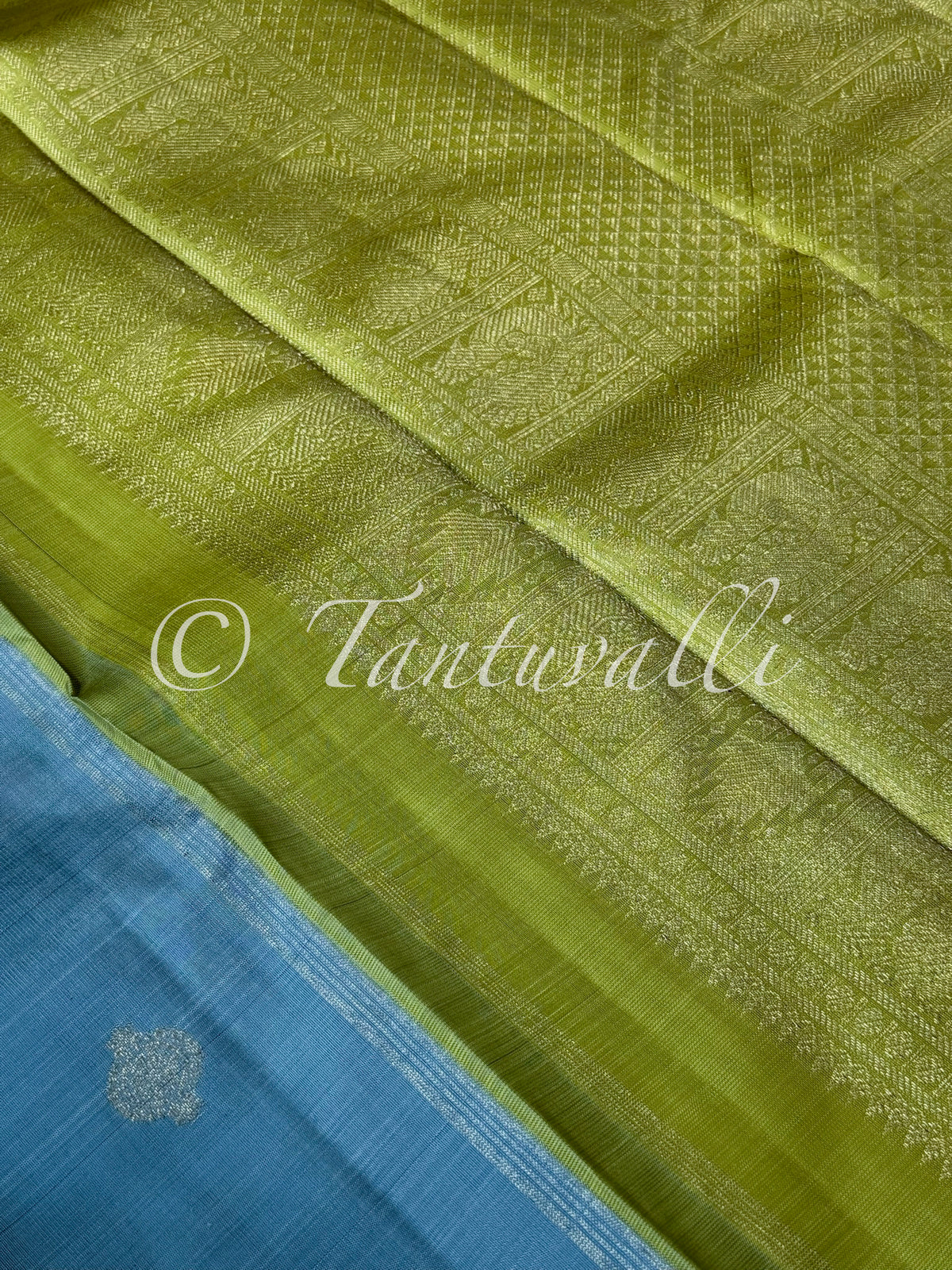 Metallic Blue and Lime Green Borderless Pure Zari