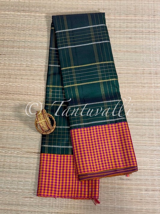 Bottle Green Zari Checks with Multi Checks Korvai Border and 8 Kol Pallu