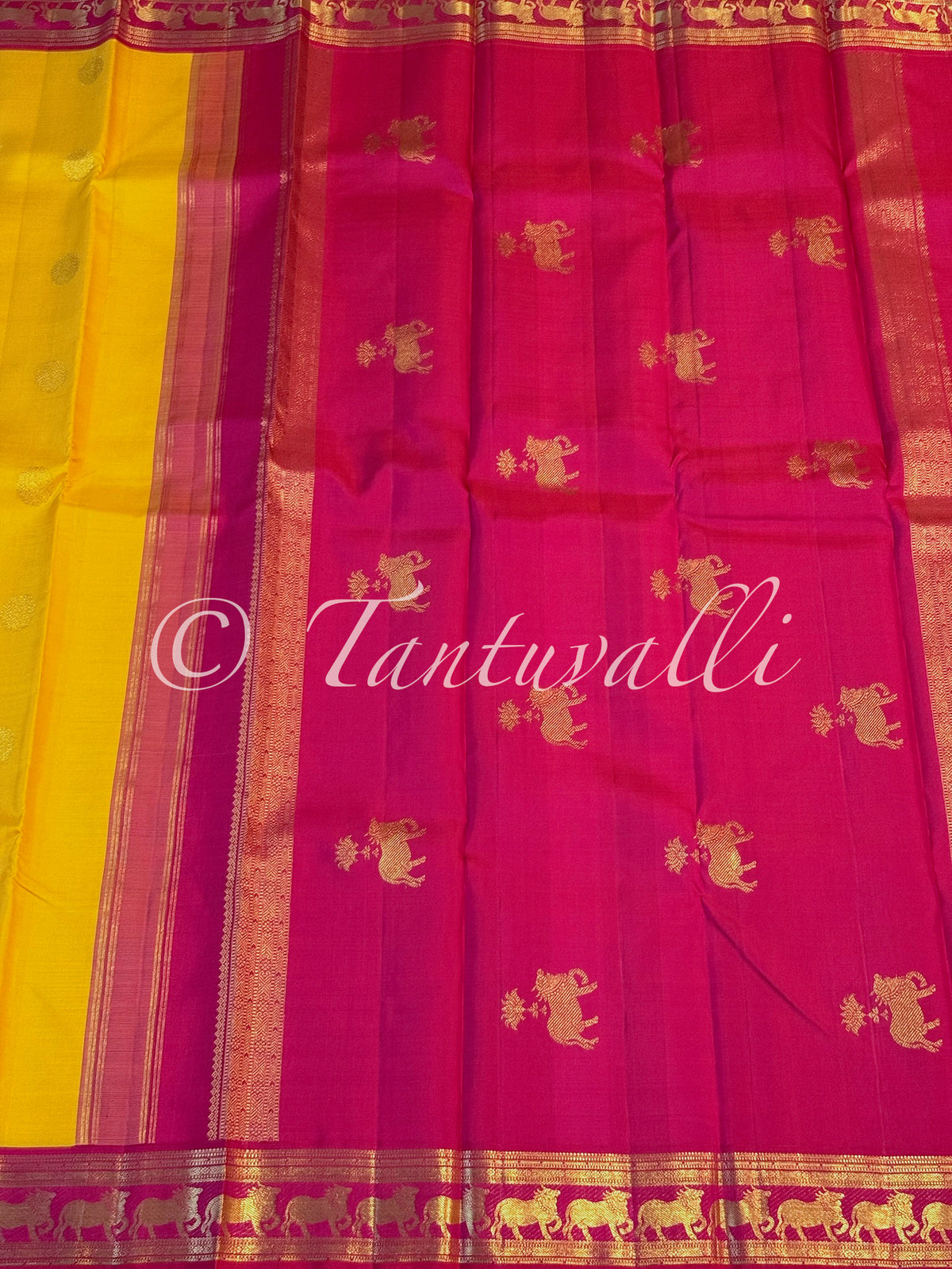 Mango Yellow with Pichwai Cow Motifs Rani Pink Small Border Korvai