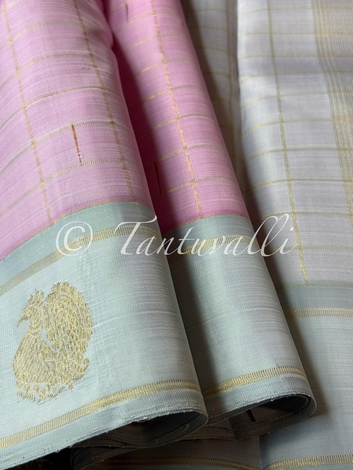 Light Pink with Zari Checks and Ice Grey Border
