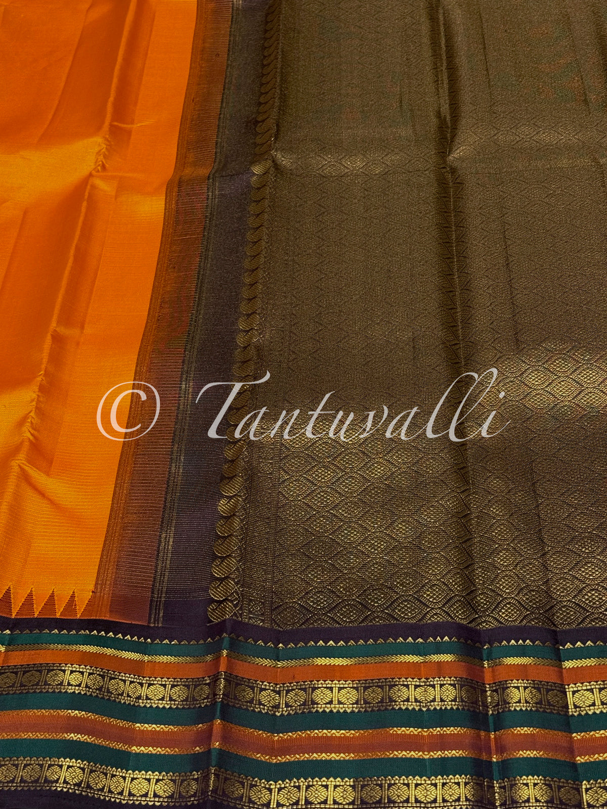 Mango Yellow and Paaku Brown Pallu with Varisaipet Temple Korvai
