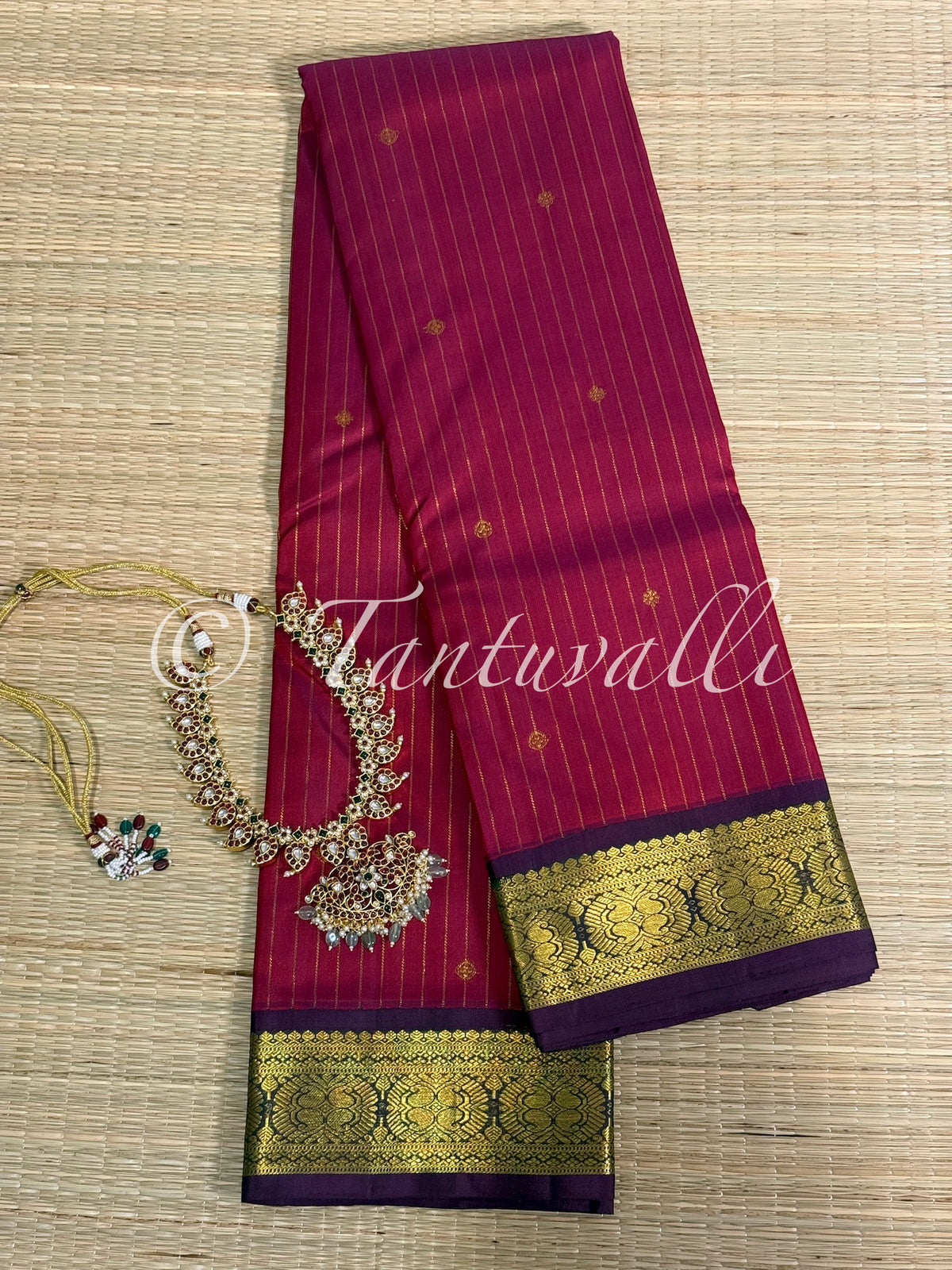 Dual tone Maroon with Vertical Zari Stripes and Dual Tone Violet Korvai Small Border