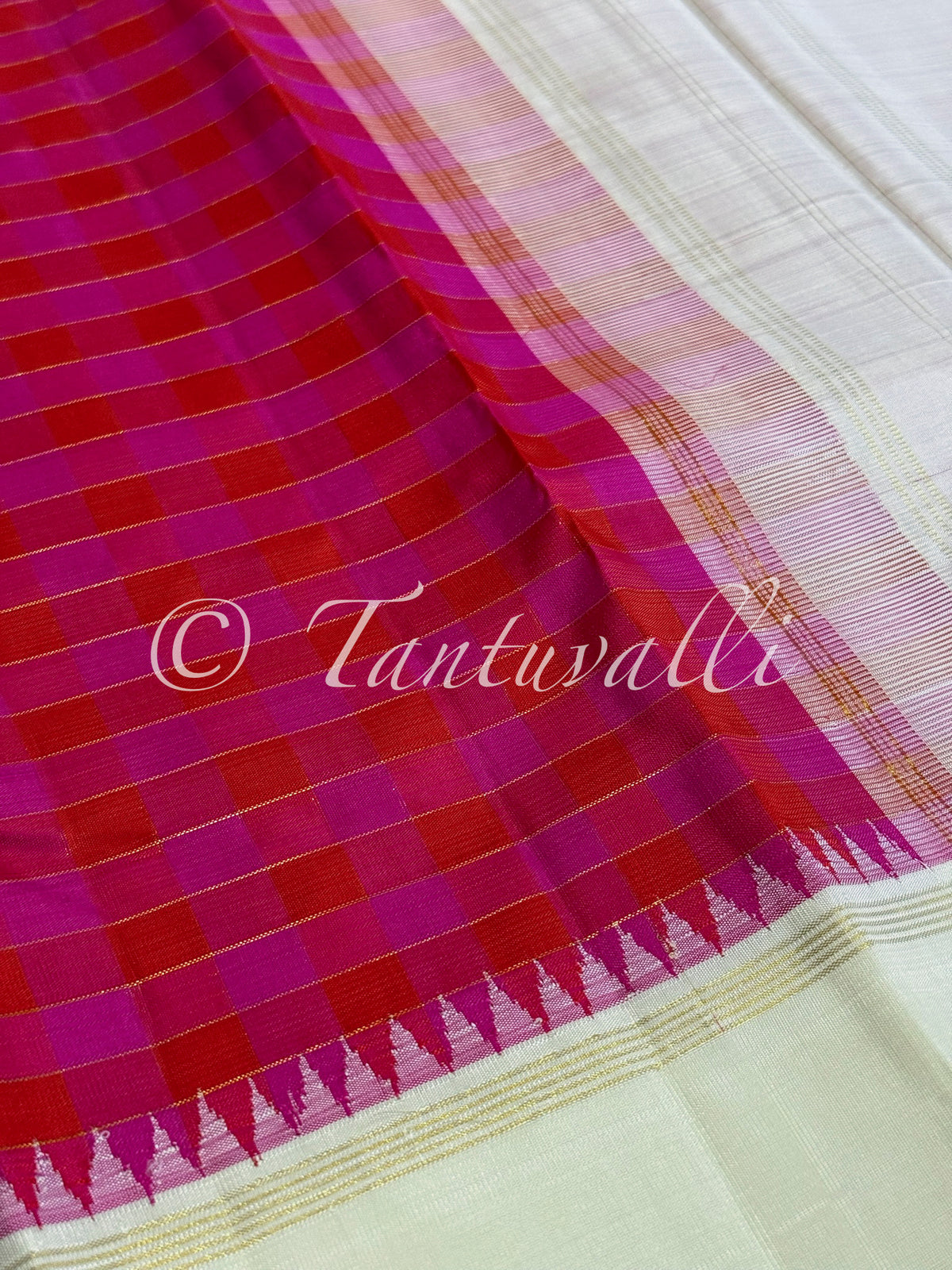 Pink and Red Multi Color Checks with Ivory Bodi Korvai