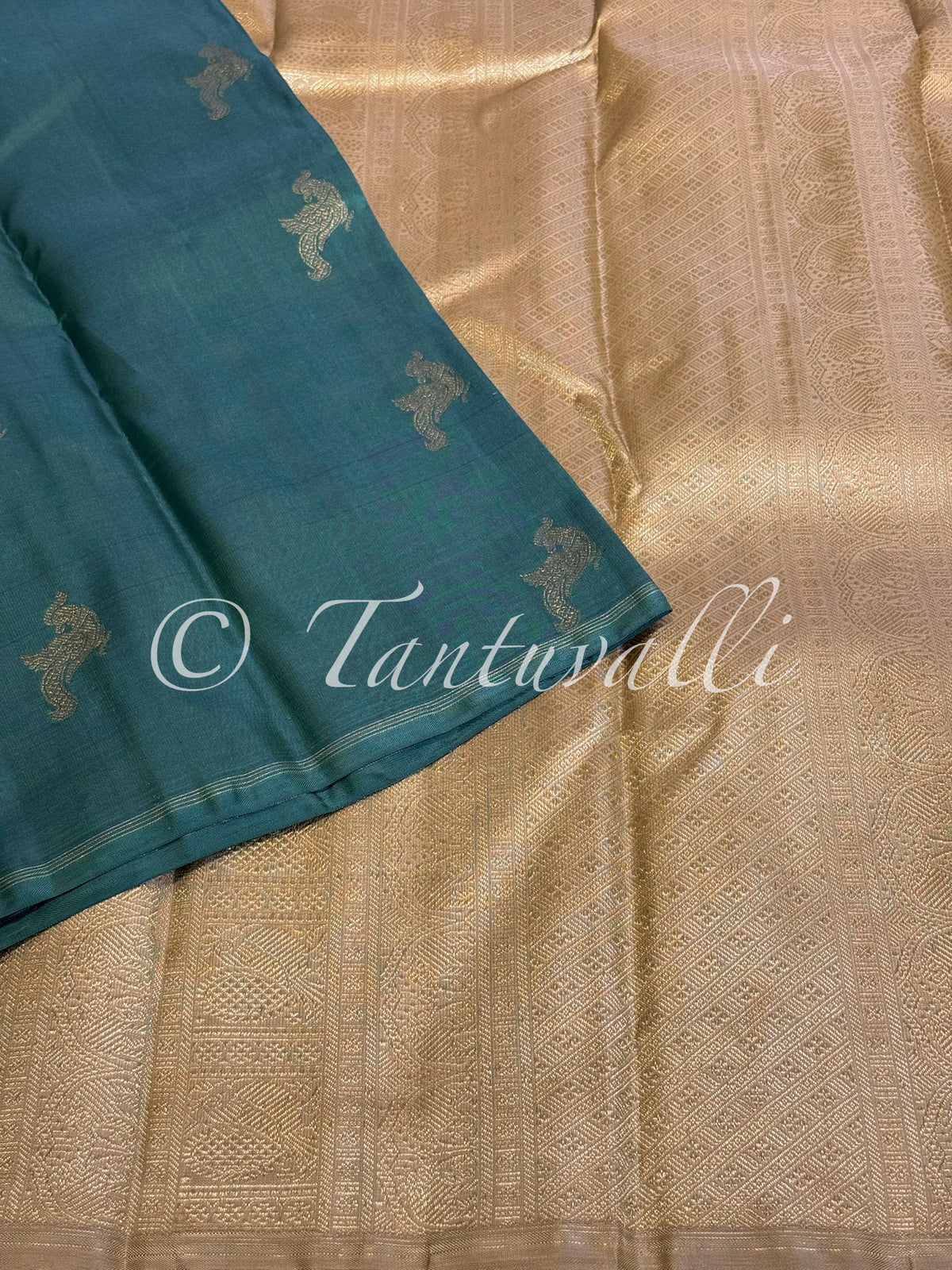 Deep Teal Green Kili Butta Pure Zari Borderless with Biscuit Pallu