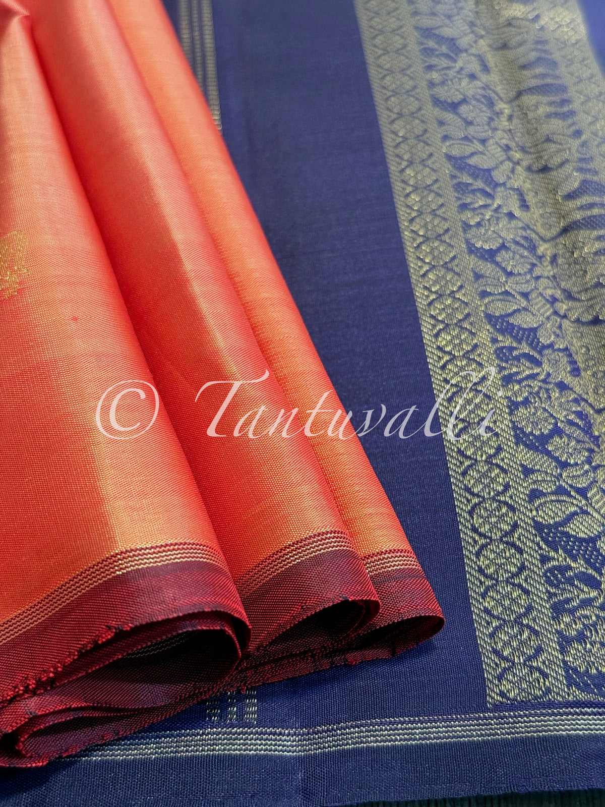 Peach Orange Butta Pure Zari Borderless with Deep Violet Blue Pallu