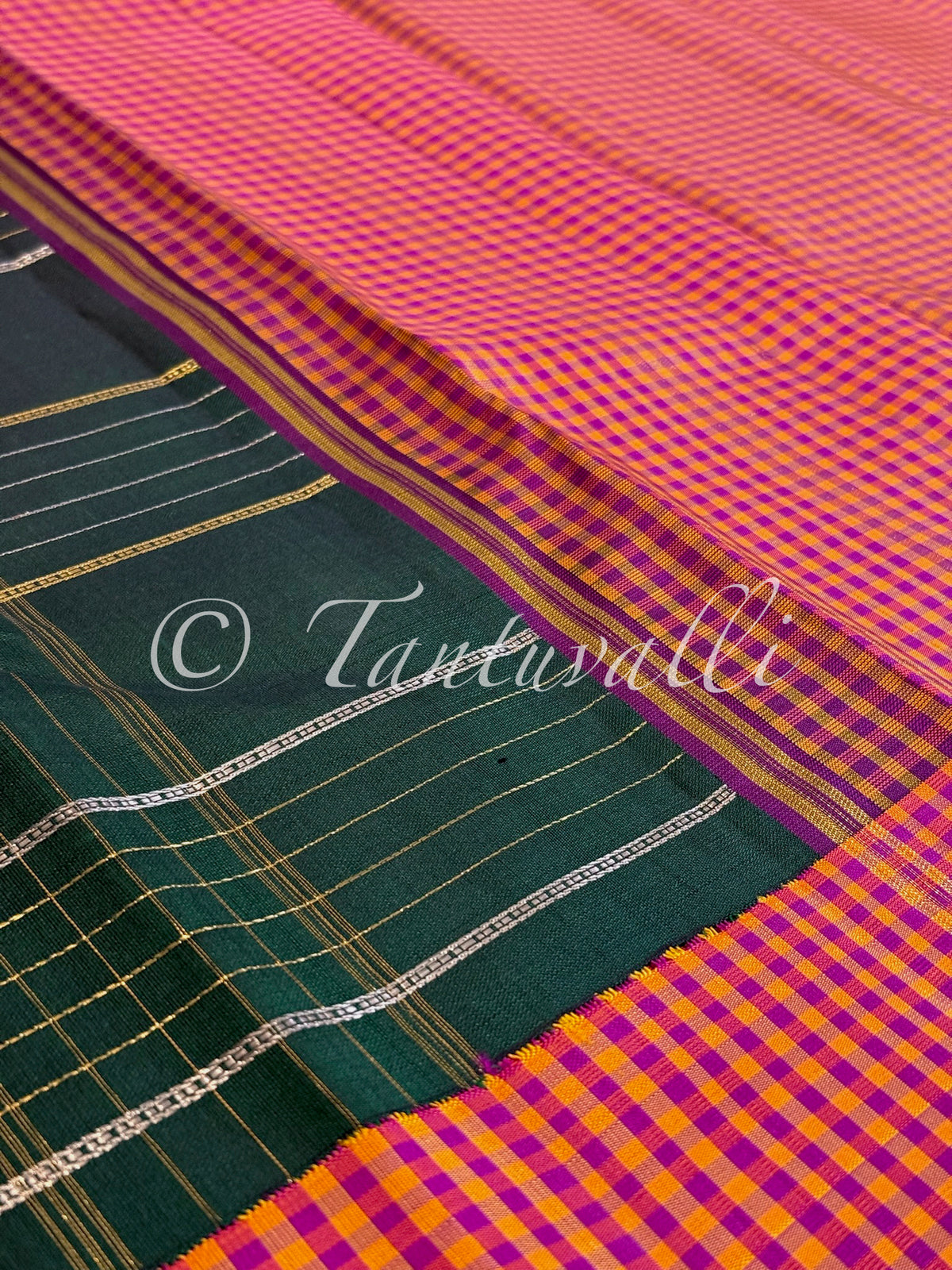 Bottle Green Zari Checks with Multi Checks Korvai Border and 8 Kol Pallu