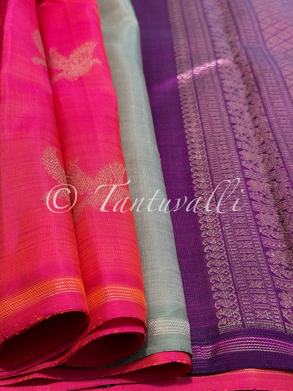Dual Tone Pink Orange Butta Borderless Pure Zari with Double Pallu in Mint Green and Vaadaamalli