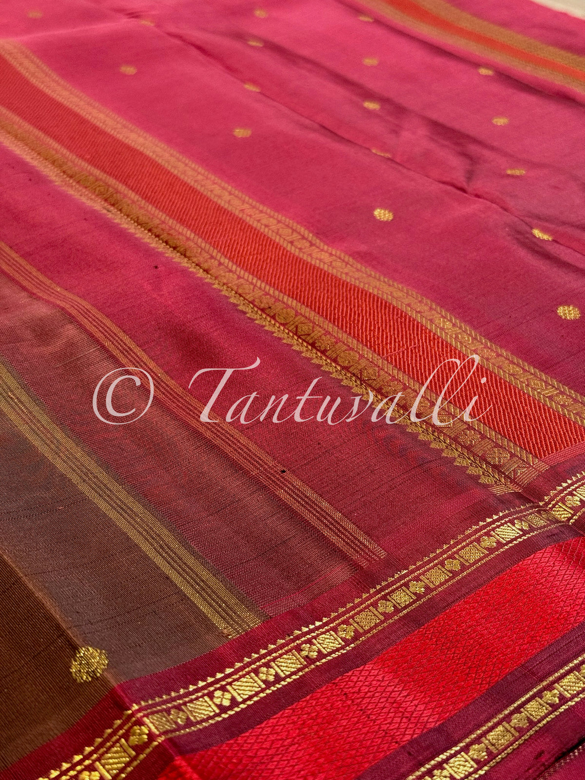 Chocolate Brown Pure Zari with Arakku Meenakari Contrast Small Border and Arakku Pallu