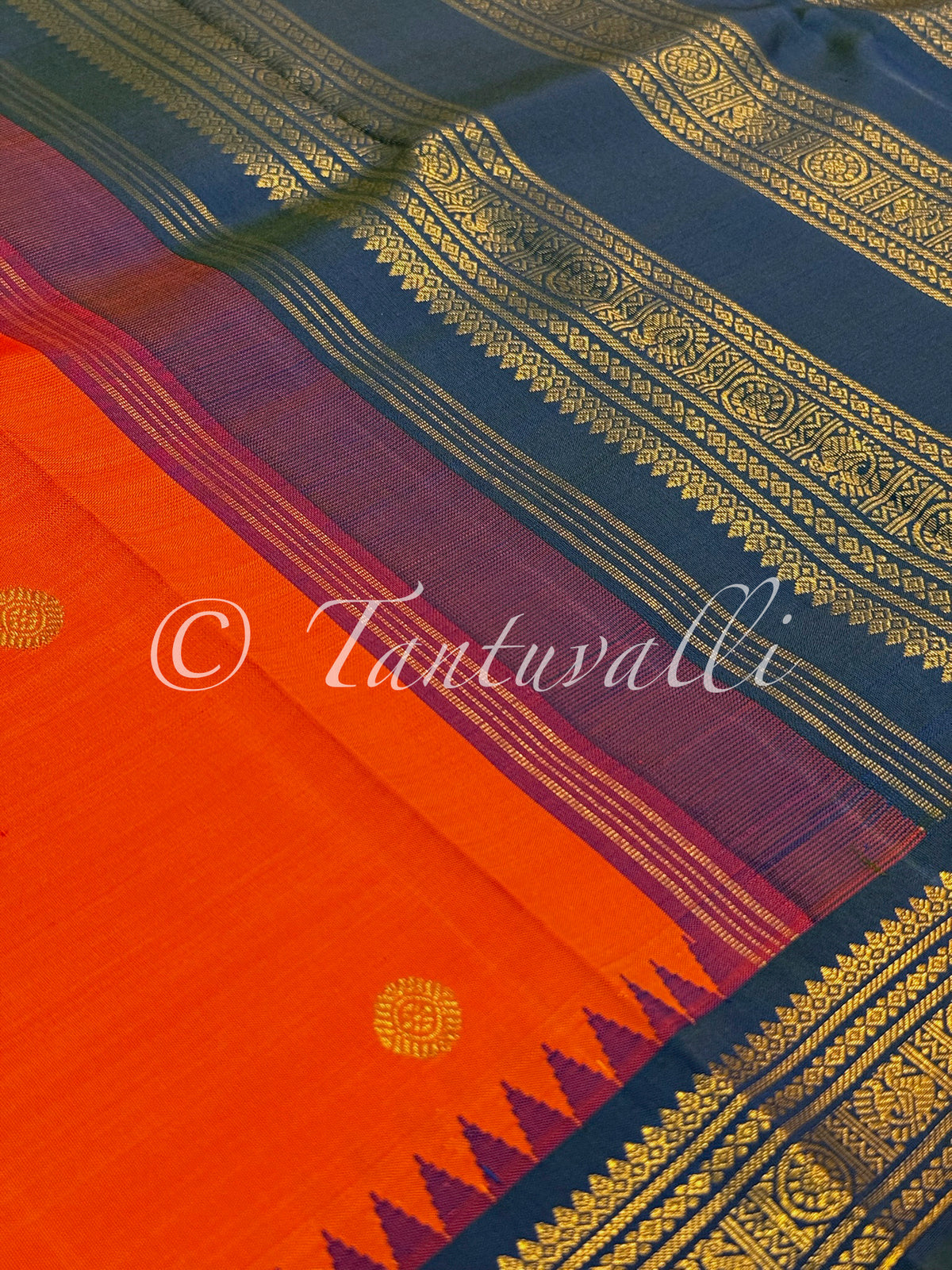 Dark Kanakambaram Orange Pure Zari with Mayil Kazhuthu Small Border Temple Peaks Kai Korvai