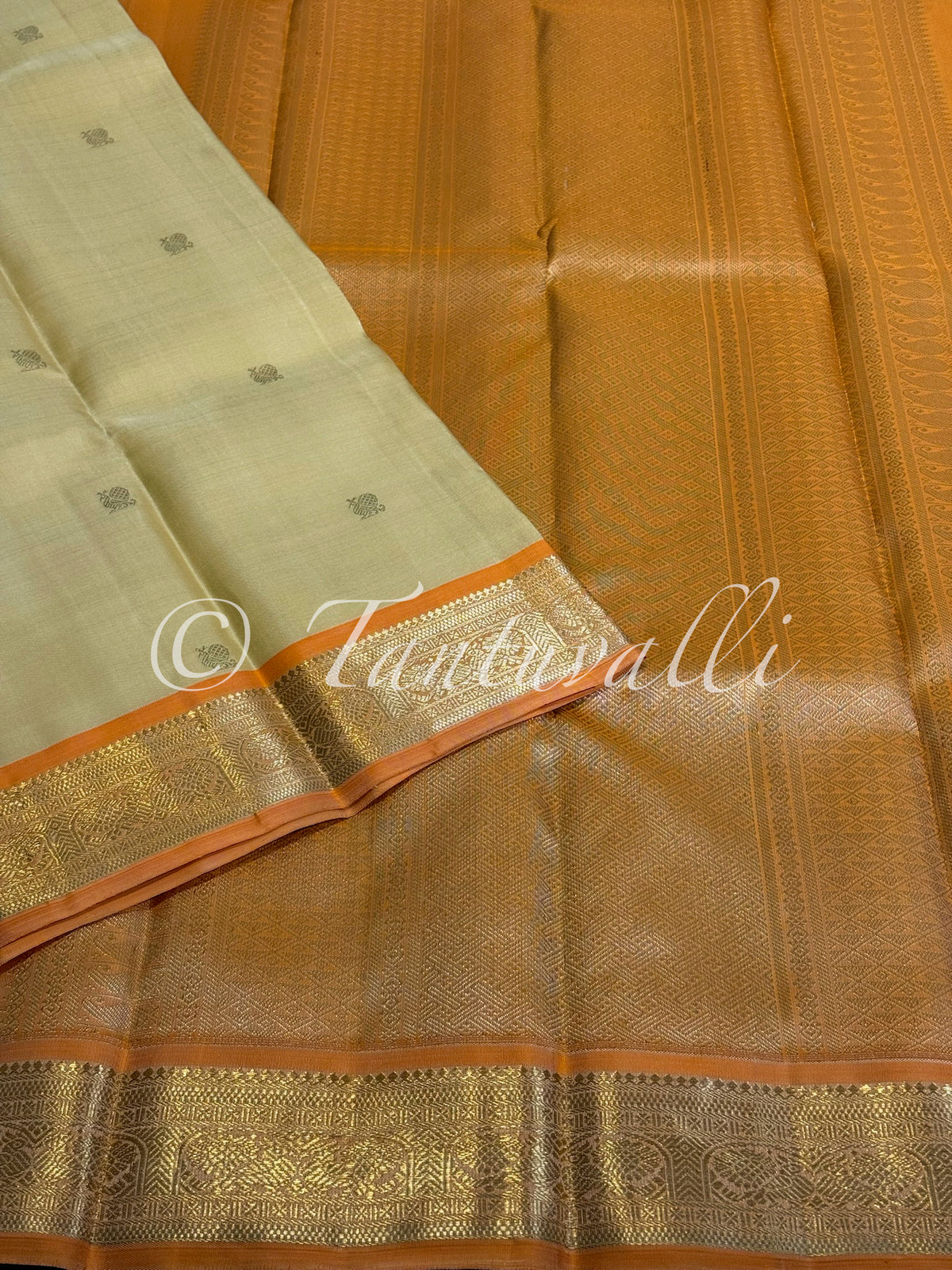 Kumaran Yellow with Light Carrot Orange Pure Zari Contrast Small Border