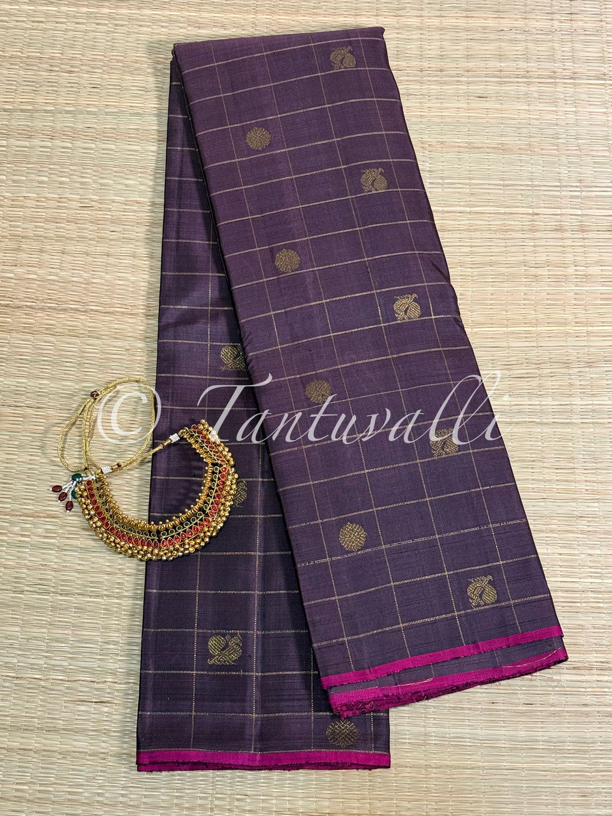 Brown shot Grey Zari Checks Borderless with Dark Pink Pallu Pure Zari