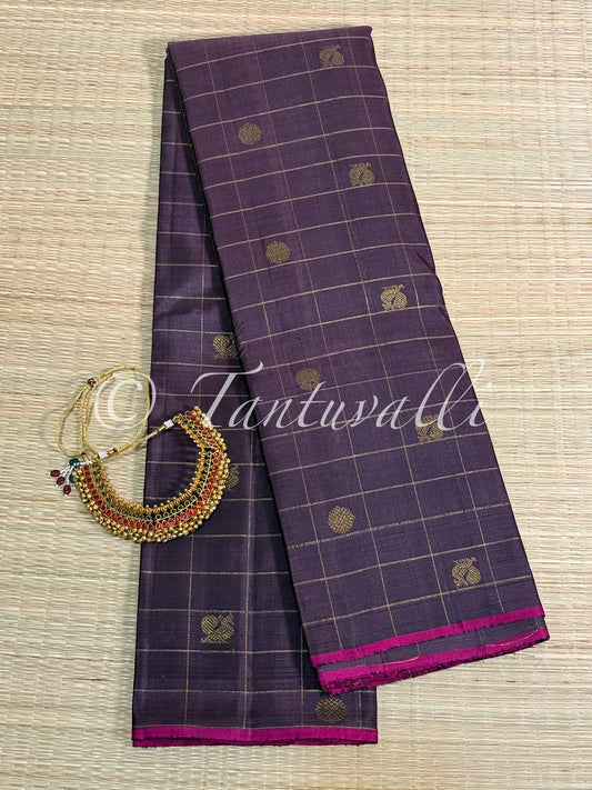 Brown shot Grey Zari Checks Borderless with Dark Pink Pallu Pure Zari