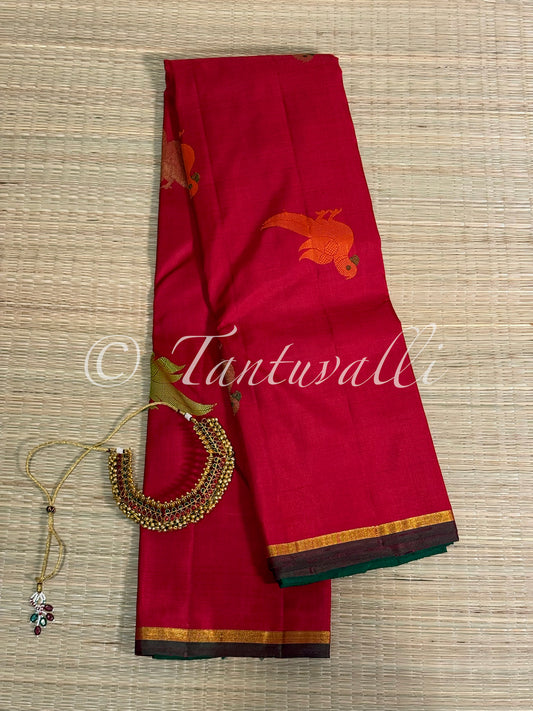 Chili Red Meenakari Zari Kili Buttas Pure Zari Borderless with Bright Green Pallu