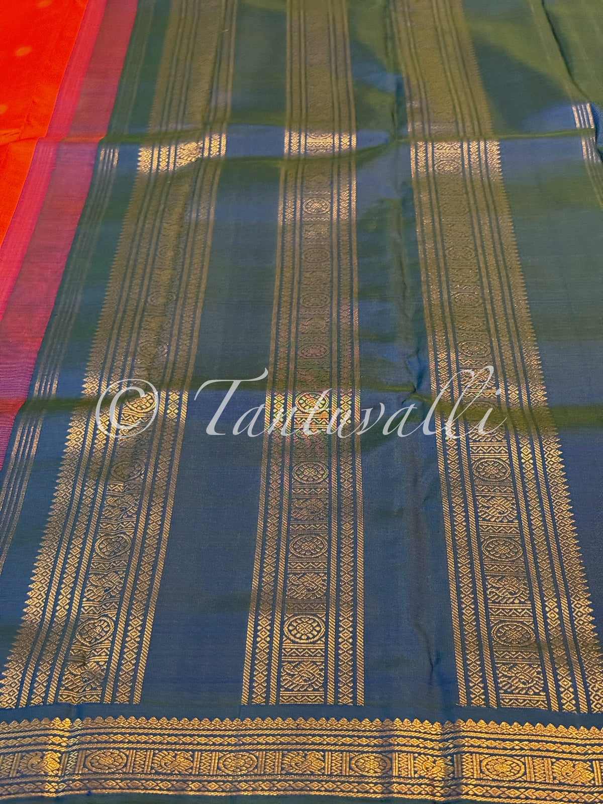 Dark Kanakambaram Orange Pure Zari with Mayil Kazhuthu Small Border Temple Peaks Kai Korvai