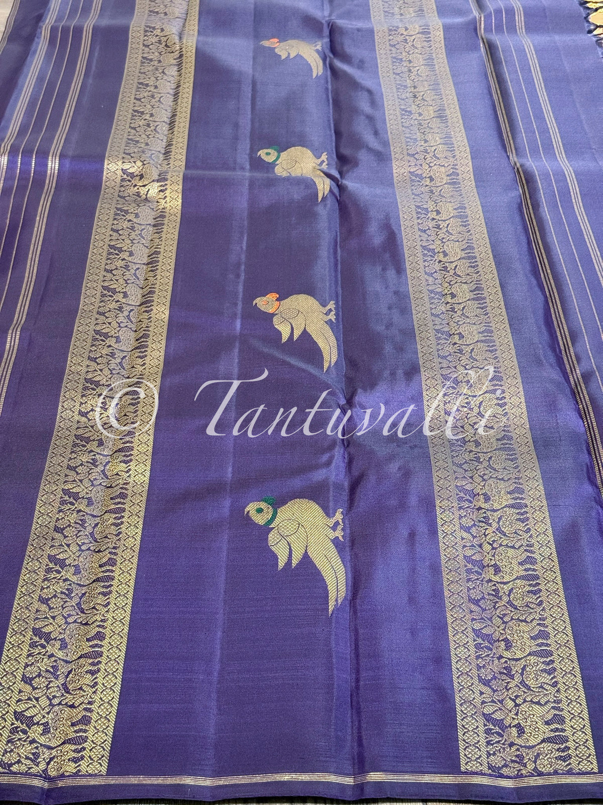 Peach Orange Butta Pure Zari Borderless with Deep Violet Blue Pallu