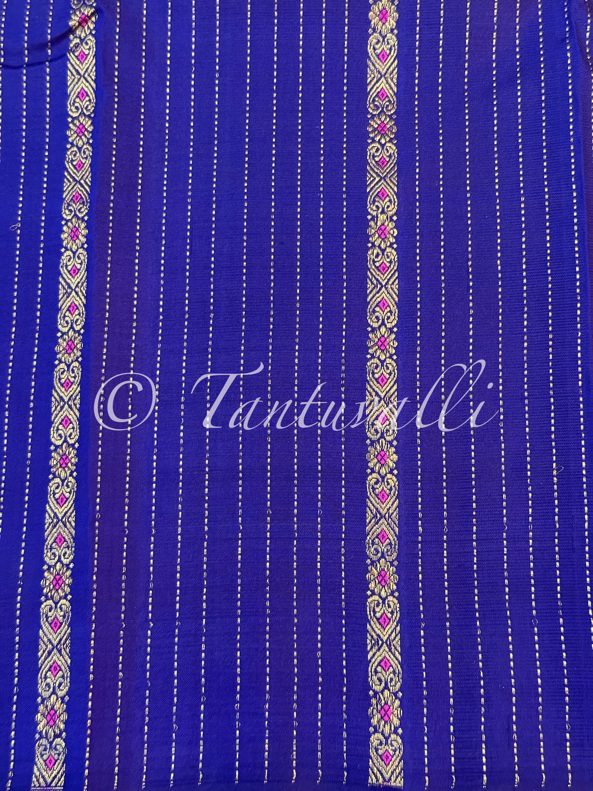 MS Blue Borderless Vertical Zari and Meenakari Motifs with Warm Yellow Pallu