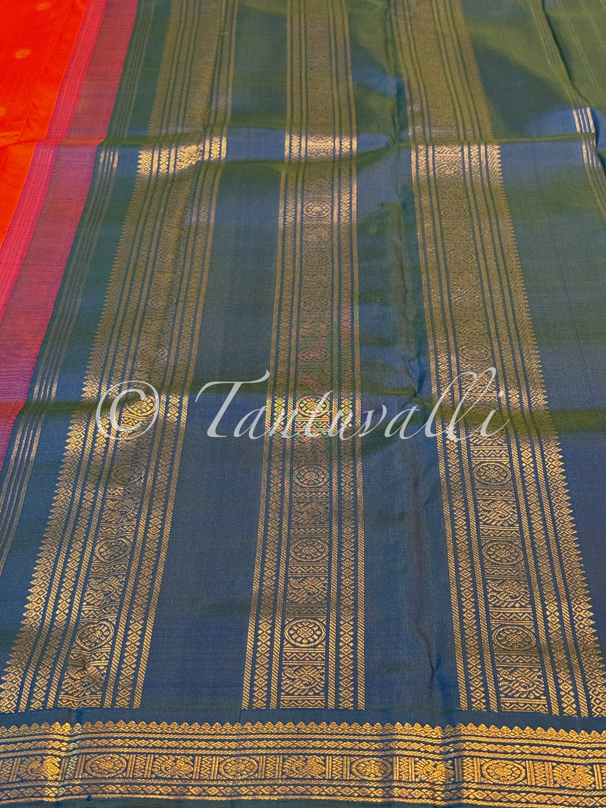 Dark Kanakambaram Orange Pure Zari with Mayil Kazhuthu Small Border Temple Peaks Kai Korvai