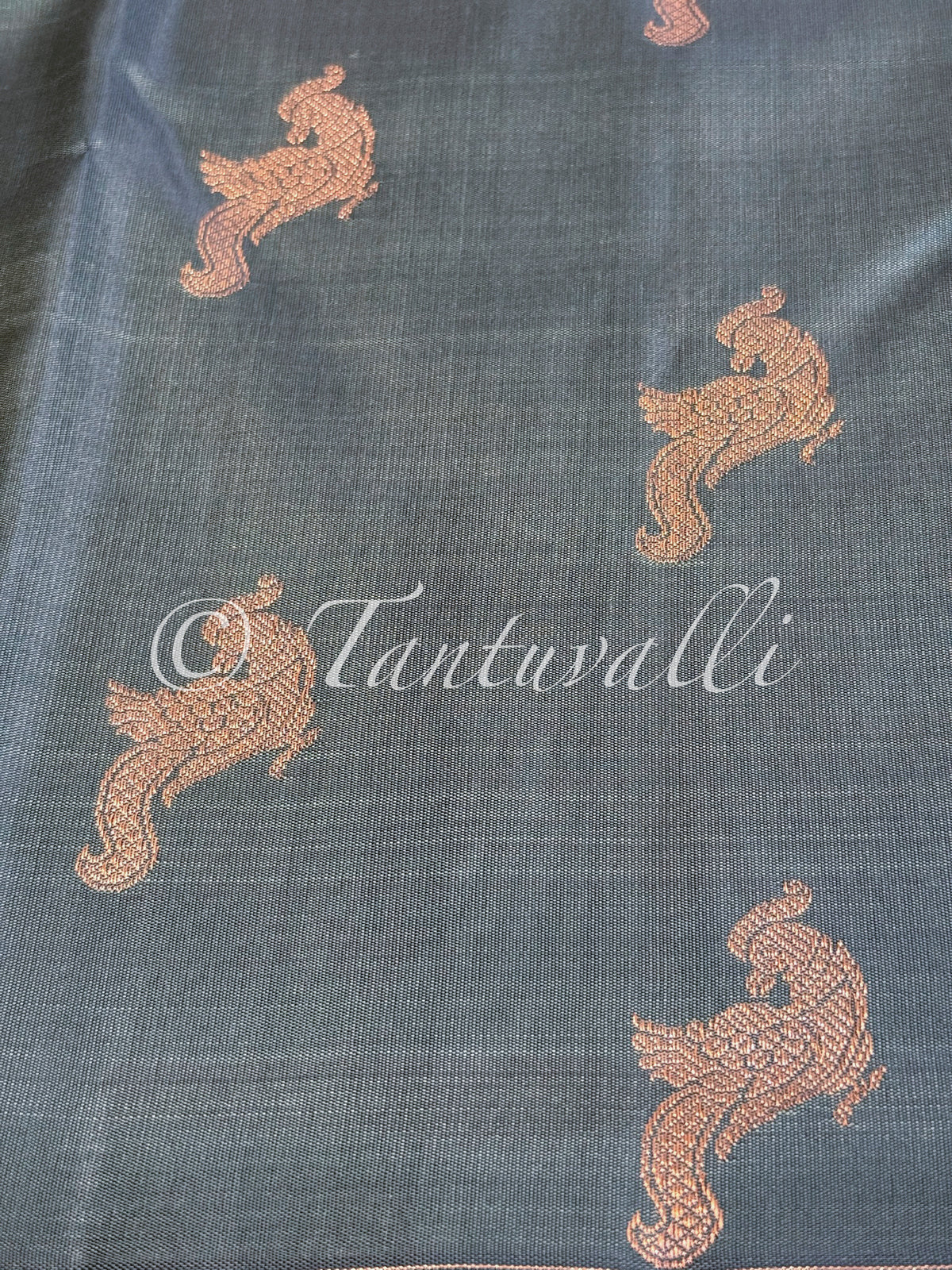 Deep Teal Green Kili Butta Pure Zari Borderless with Biscuit Pallu