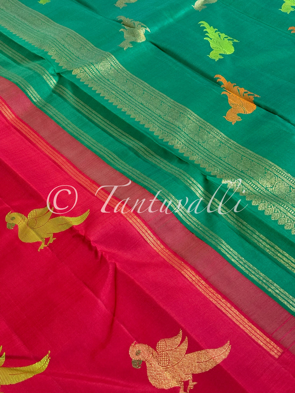 Chili Red Meenakari Zari Kili Buttas Pure Zari Borderless with Bright Green Pallu
