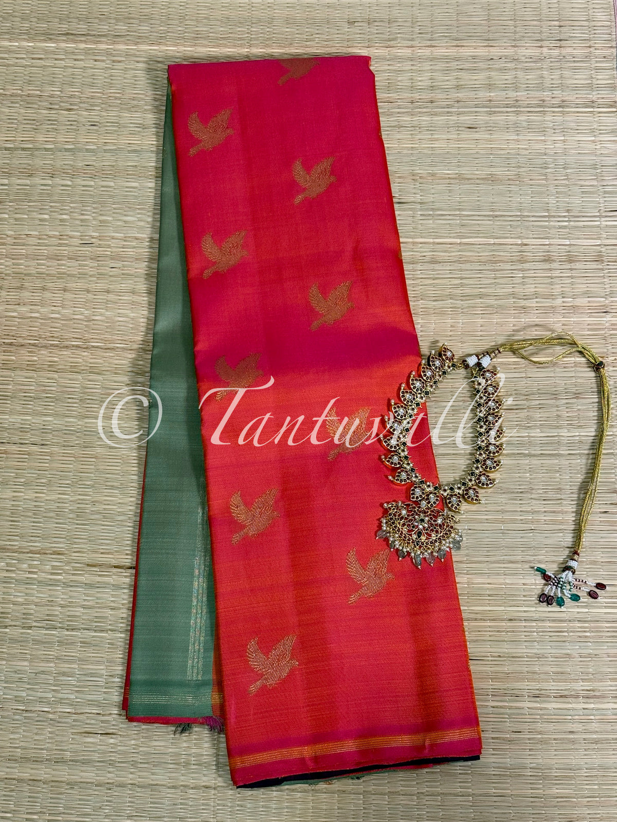 Dual Tone Pink Orange Butta Borderless Pure Zari with Double Pallu in Mint Green and Vaadaamalli