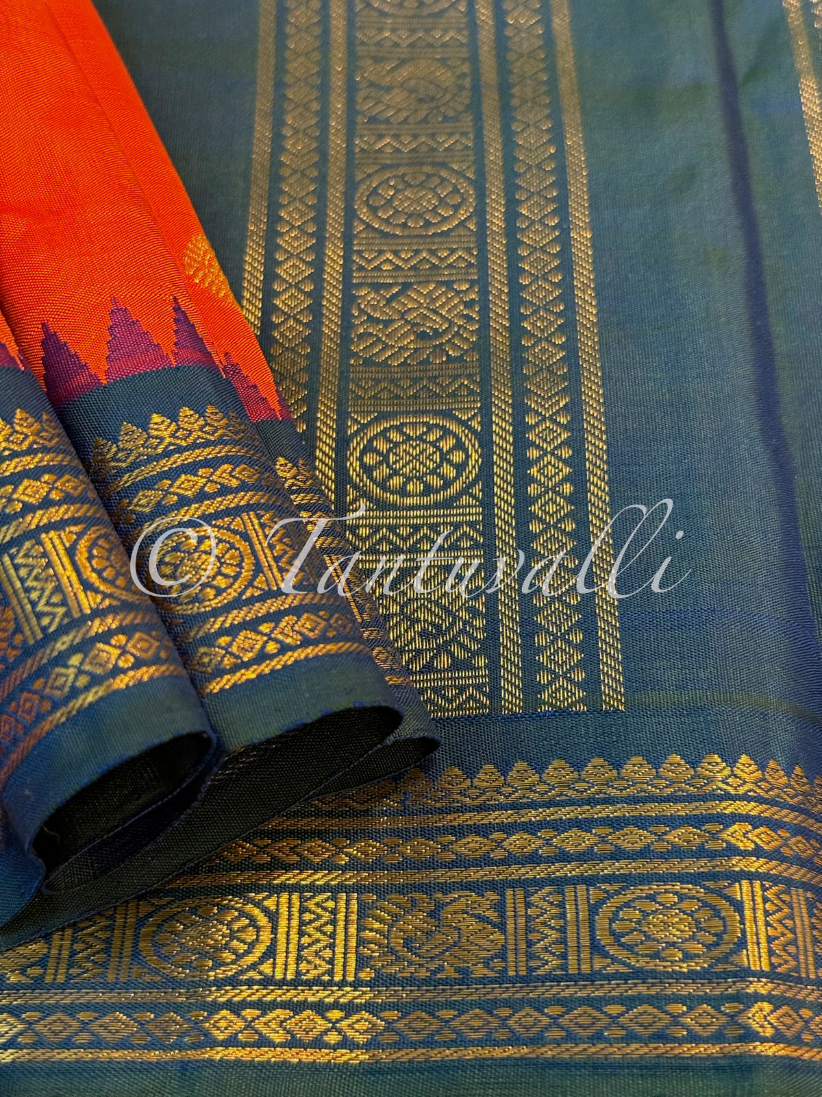 Dark Kanakambaram Orange Pure Zari with Mayil Kazhuthu Small Border Temple Peaks Kai Korvai