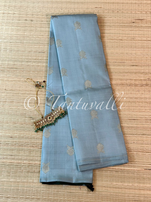 Bluish Grey Vaadaamalli and Bottle Green Double Pallu Pure Zari