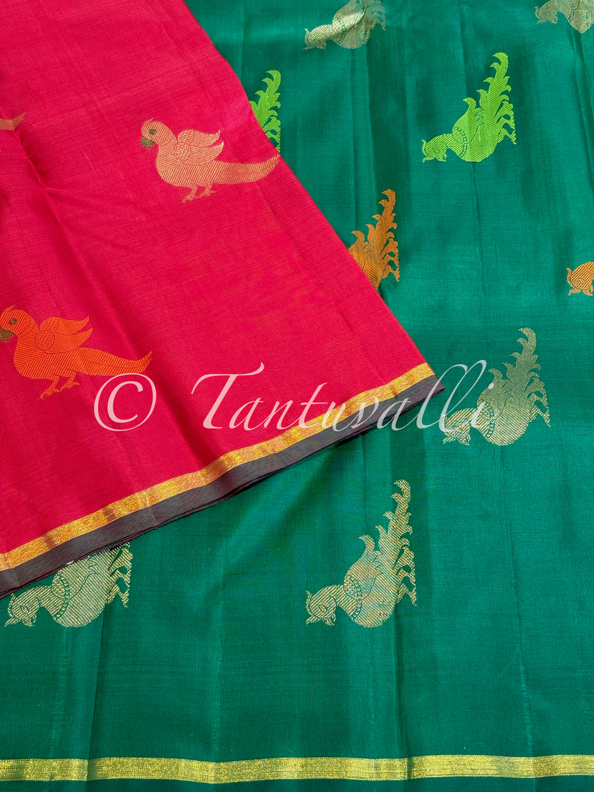 Chili Red Meenakari Zari Kili Buttas Pure Zari Borderless with Bright Green Pallu