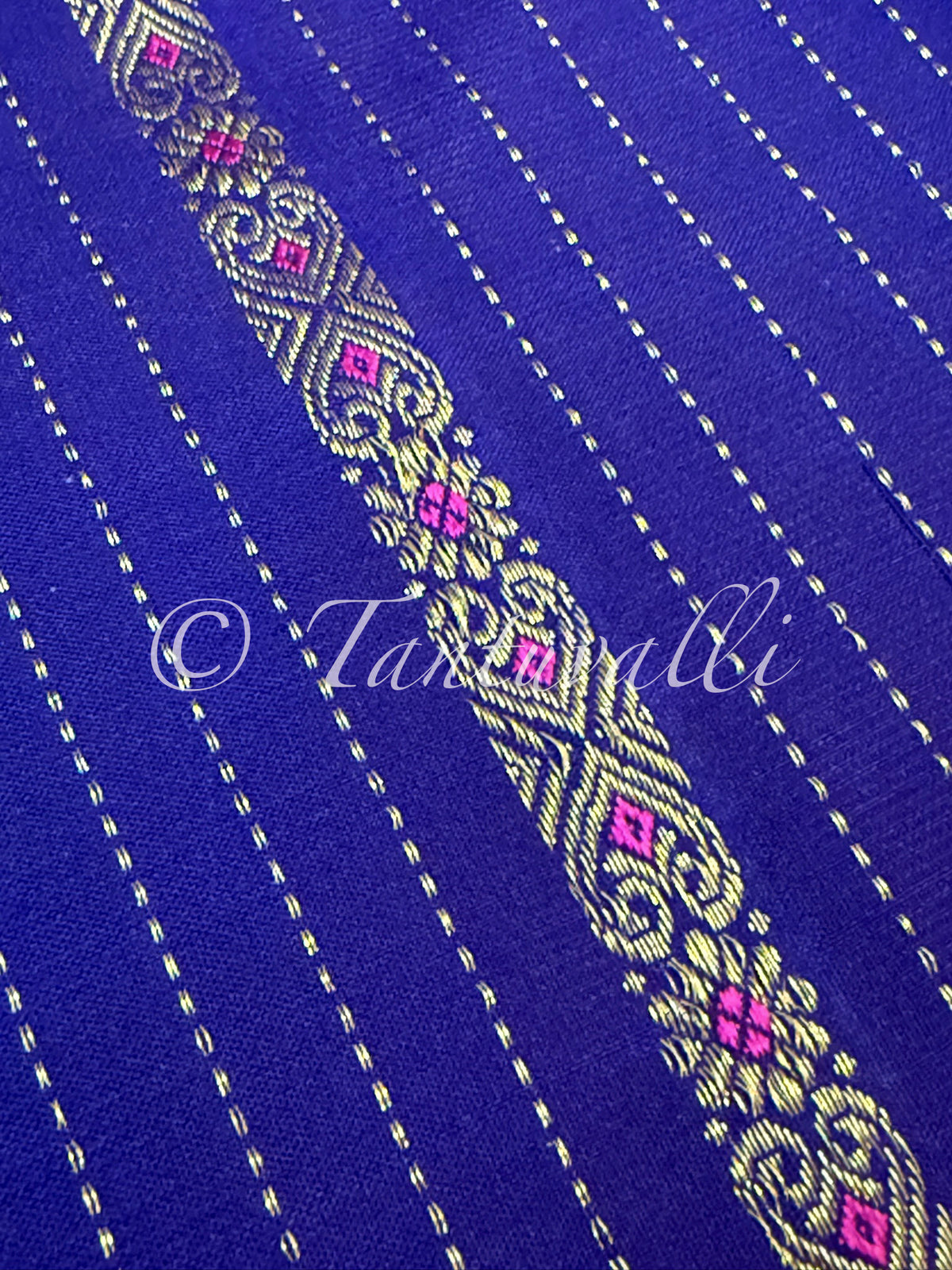 MS Blue Borderless Vertical Zari and Meenakari Motifs with Warm Yellow Pallu