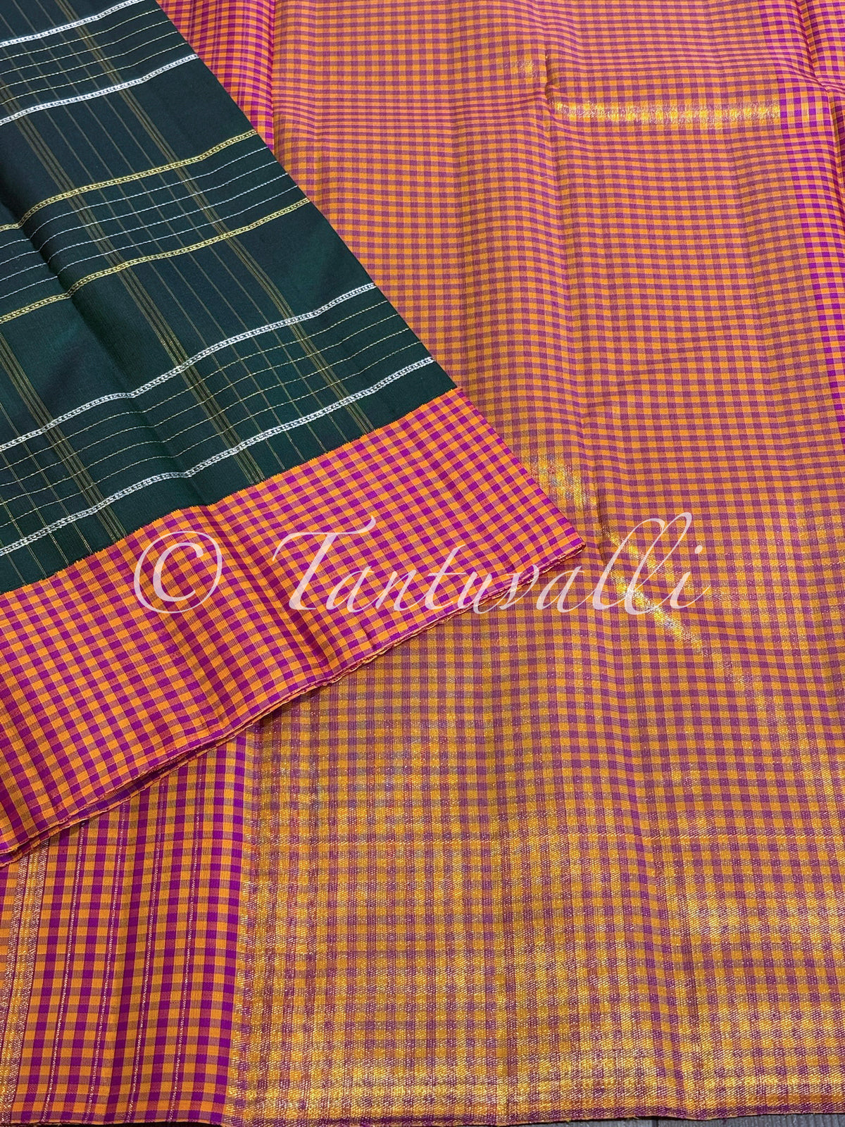 Bottle Green Zari Checks with Multi Checks Korvai Border and 8 Kol Pallu